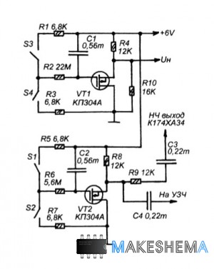 Схема кнопочного узла управления приемника на К174ХА34